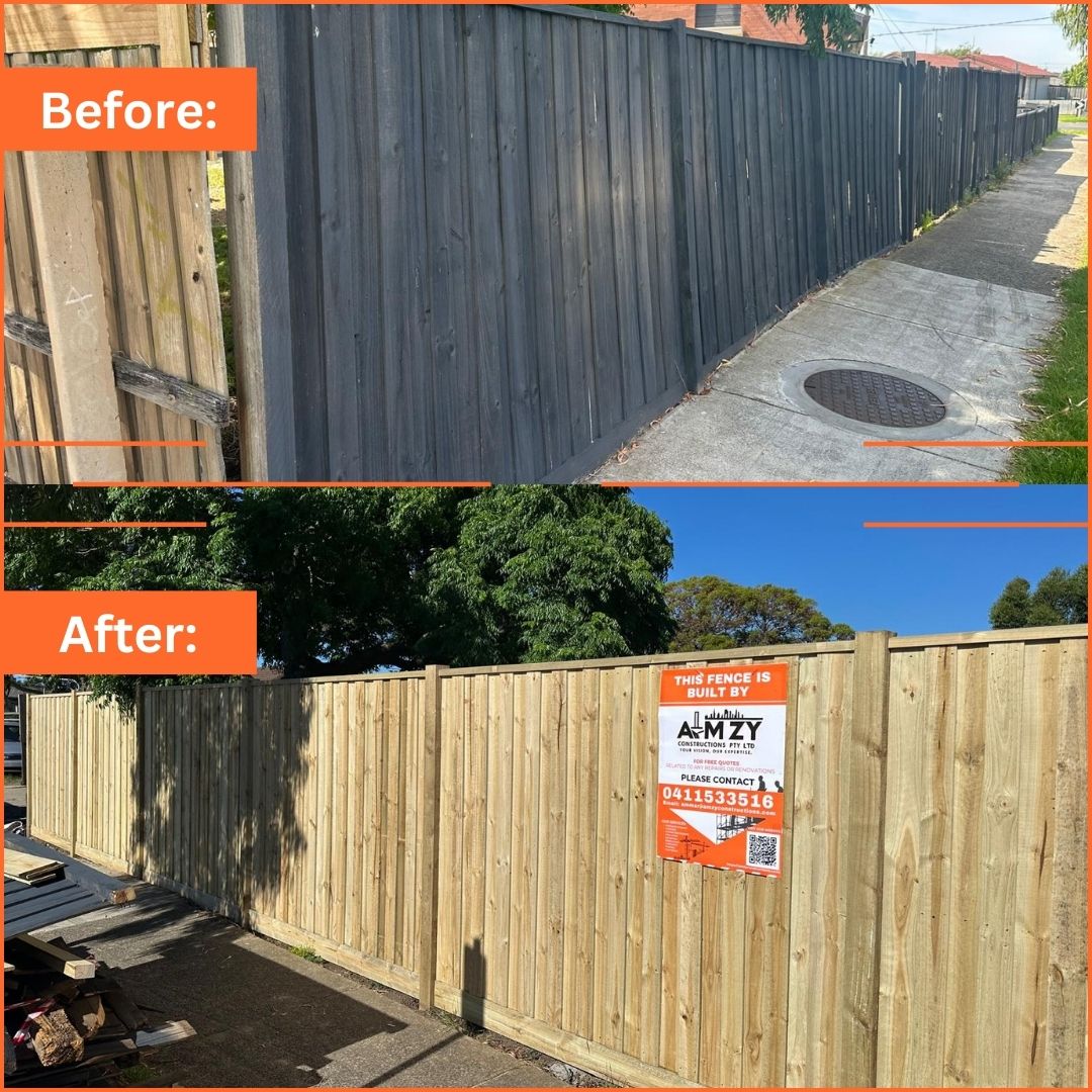 Transformation from old dark timber fence to new natural timber fencing with AMZY company branding.